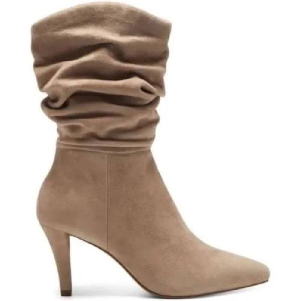 Vince‎ Camuto Sonbela Tan Suede Ruched Heeled Boots Sz 8.5